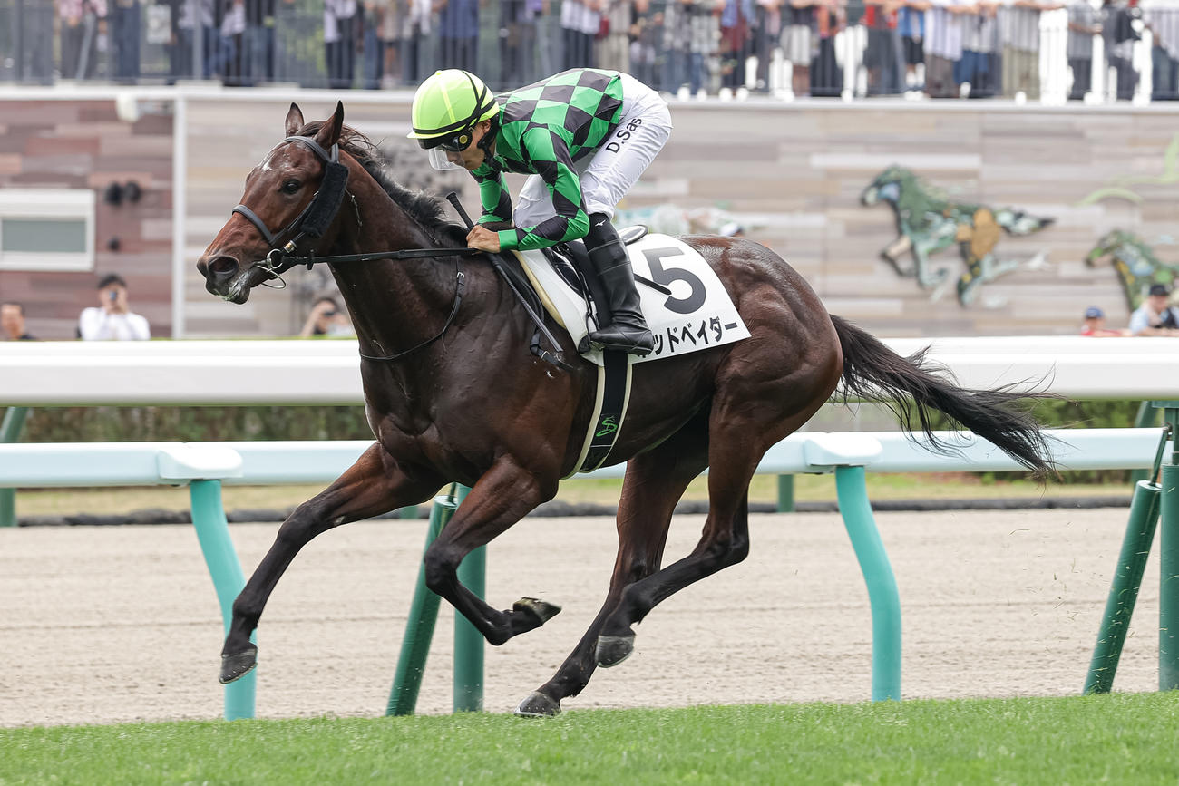 2歳未勝利を勝ち上がったポッドベイダーと佐々木騎手（撮影・村野早祐）