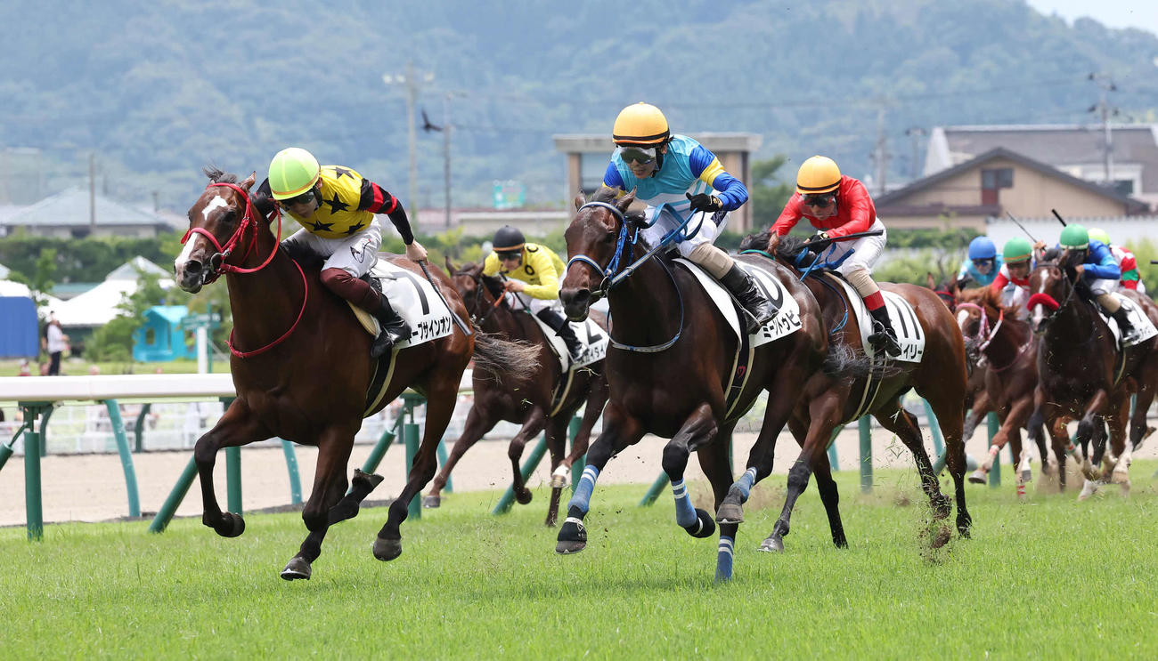福島6R、2歳新馬戦を制したミーントゥビーと松岡騎手（前列右）（撮影・丹羽敏通）