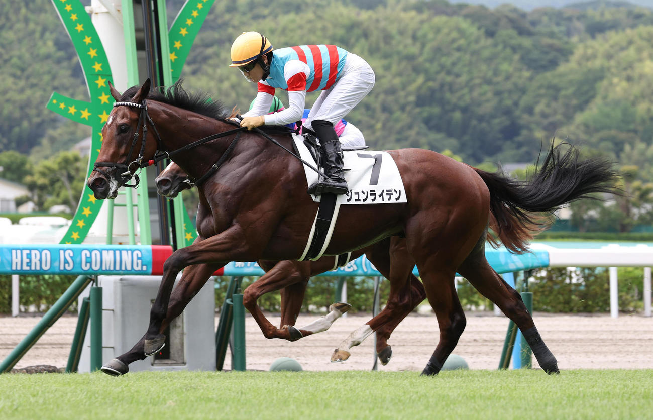 小倉5R、メイショウツヨキ（奥）を差し切って新馬戦を制したジュンライデン（撮影・白石智彦）