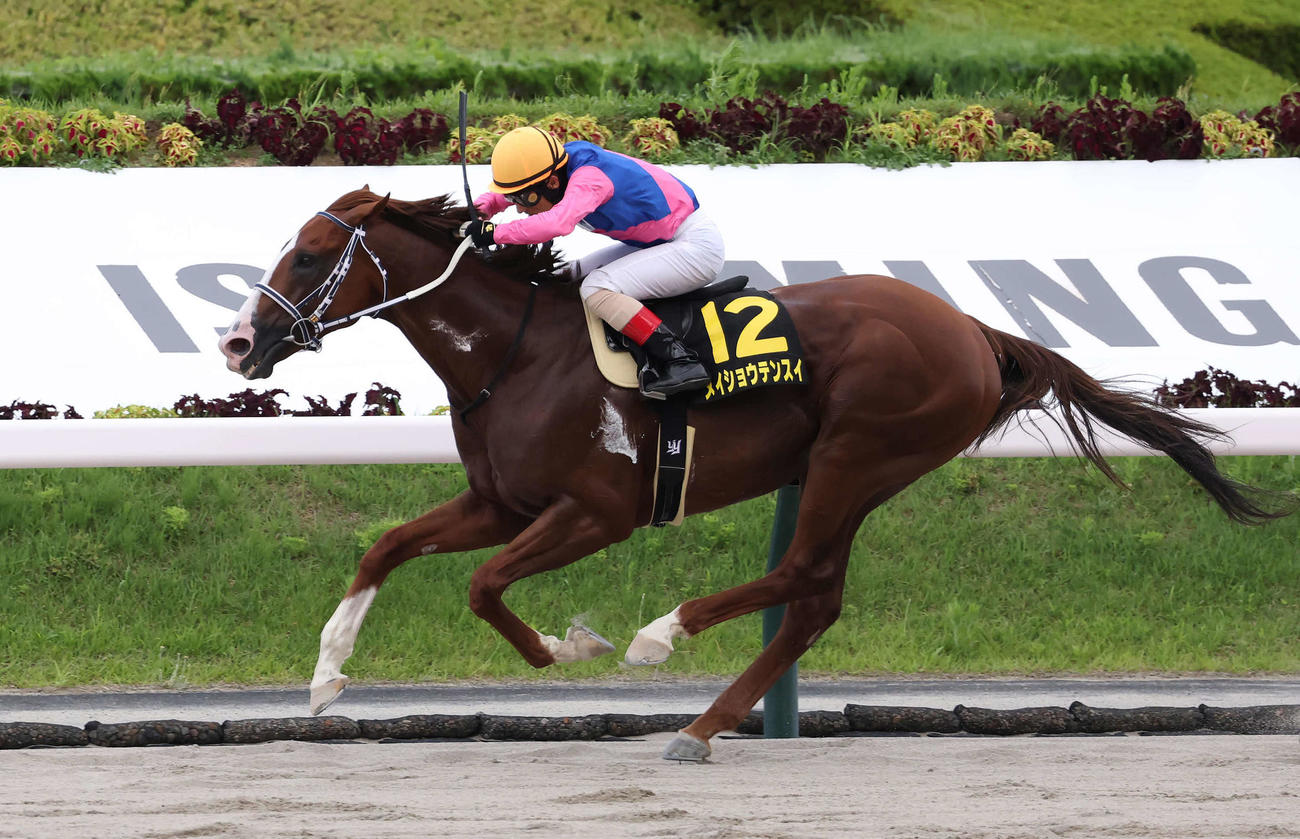 福島11R、ジュライSを逃げ切ったメイショウテンスイと吉田豊騎手（撮影・丹羽敏通）