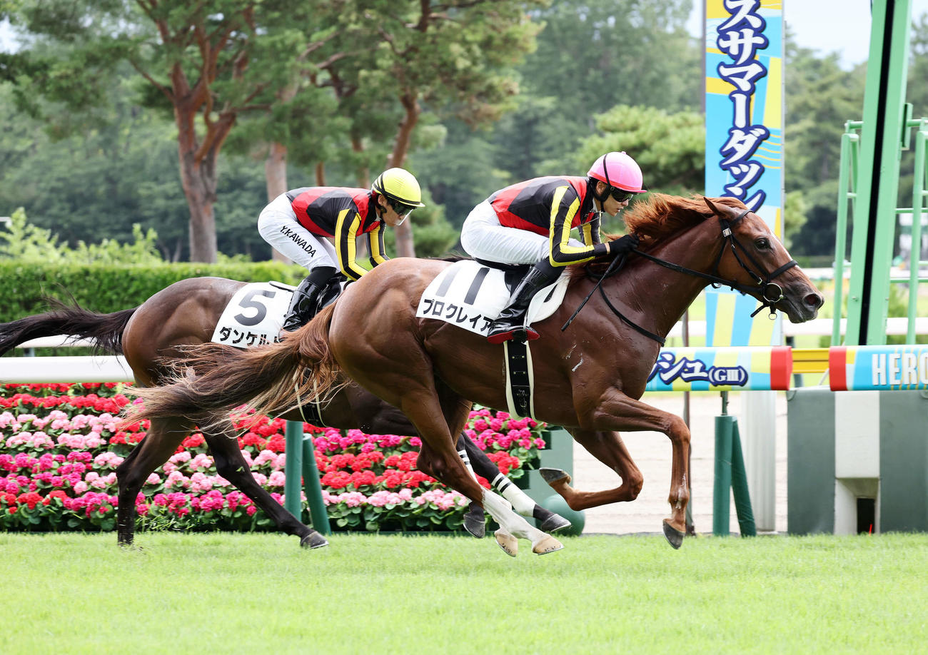 新馬戦を制したプロクレイア（右）と坂井瑠星騎手（撮影・鈴木正人）