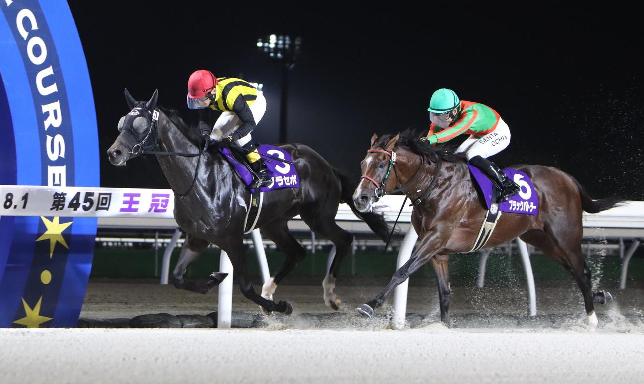 王冠賞を制したプラセボ。右は2着ブラックバトラー（撮影・奥村晶治）