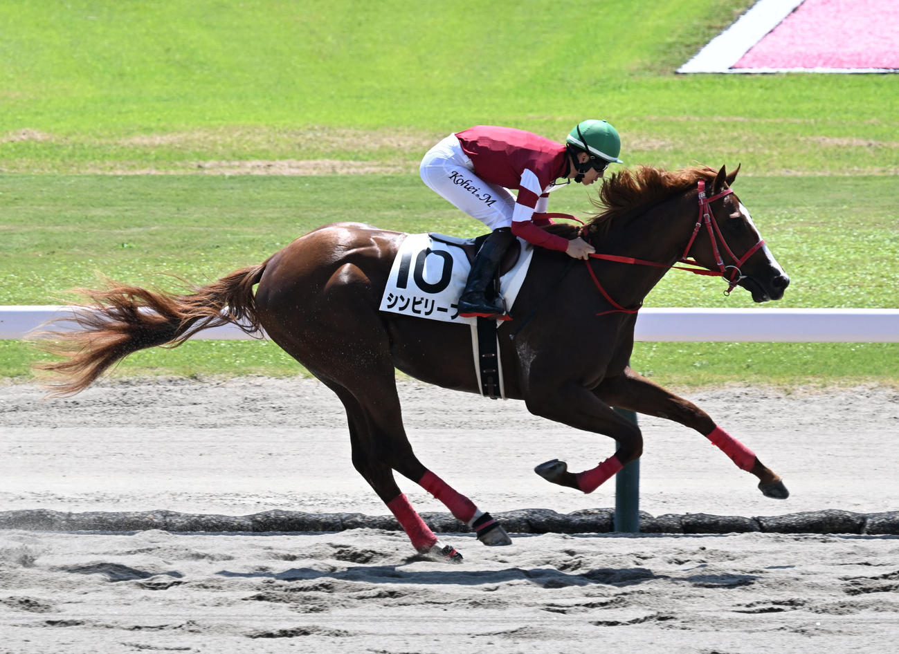 新潟3R　メイクデビュー新潟戦を制したシンビリーブと松山騎手（撮影・千葉一成）