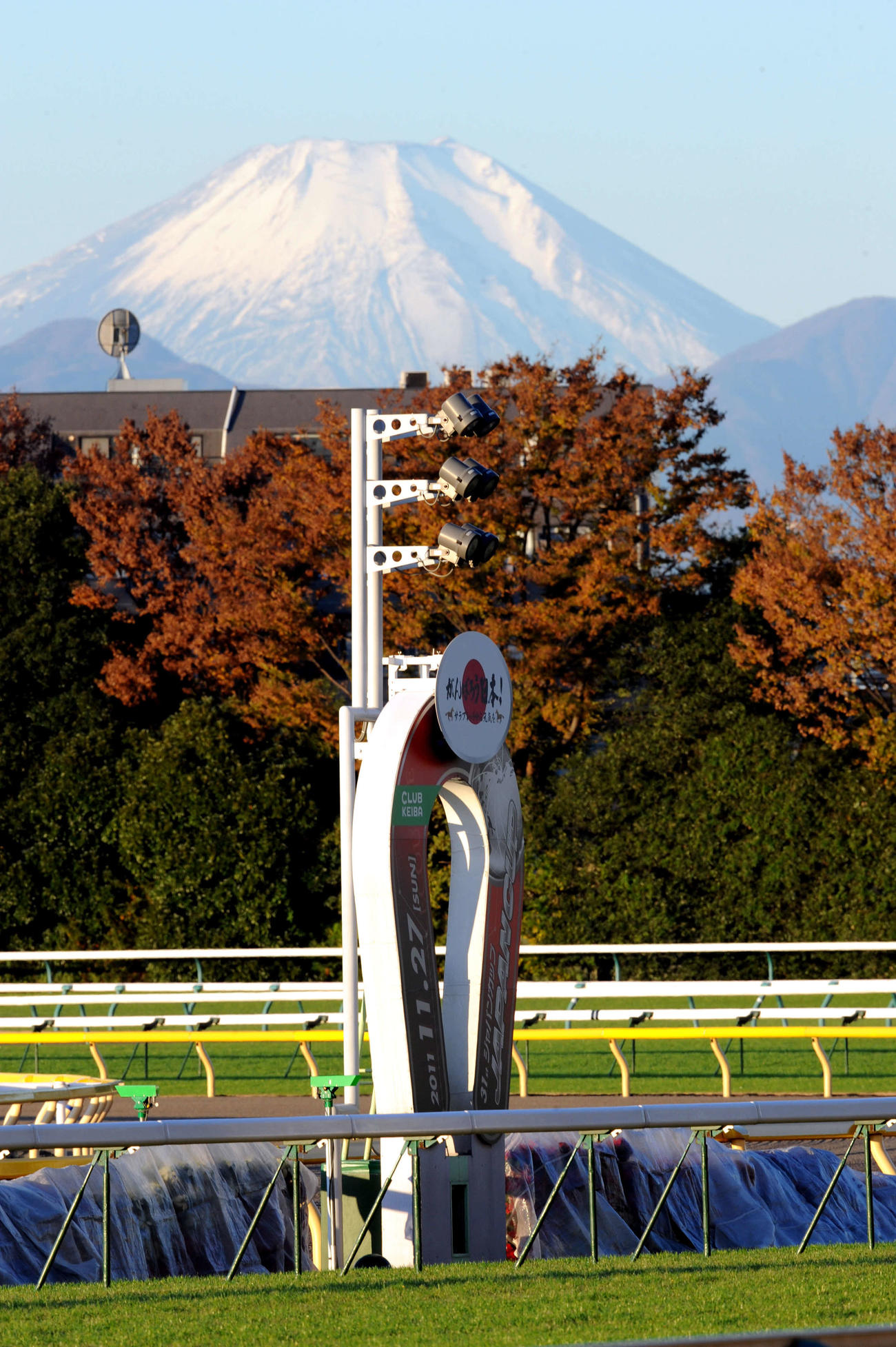 富士山とジャパンカップのゴール板（2011年11月25日撮影）

