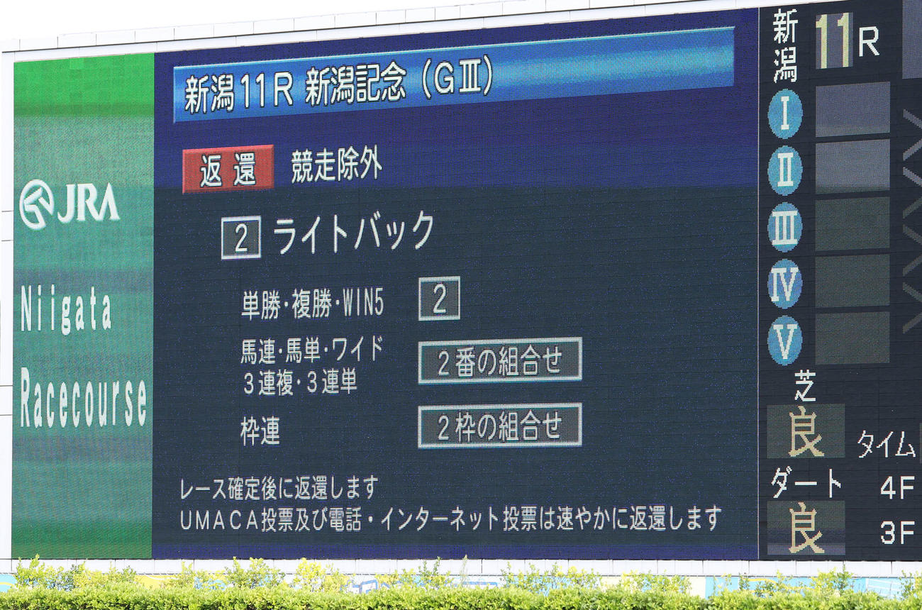 新潟記念の1番人気ライトバックの競争除外を告げる掲示板（撮影・丹羽敏通）