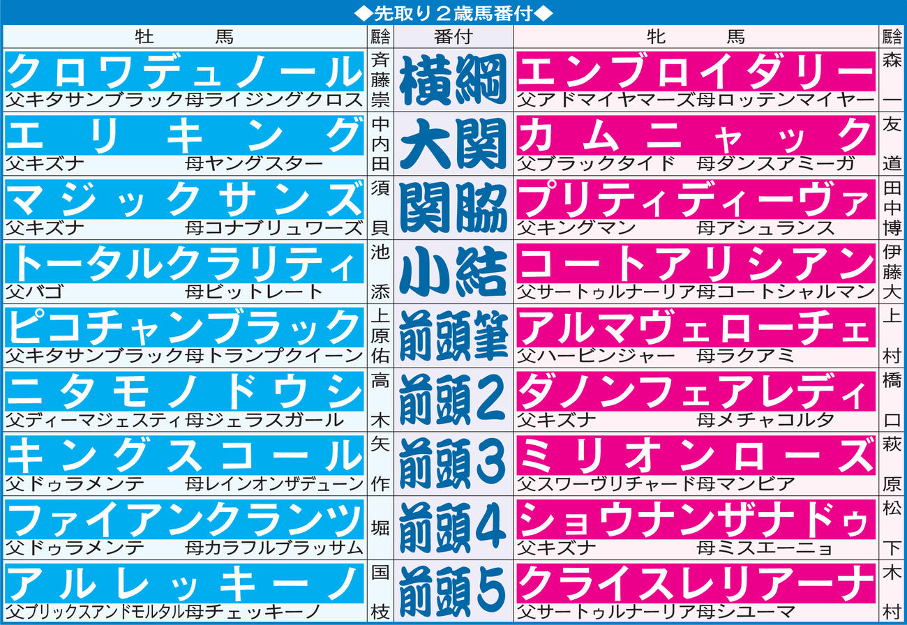 先取り２歳馬番付