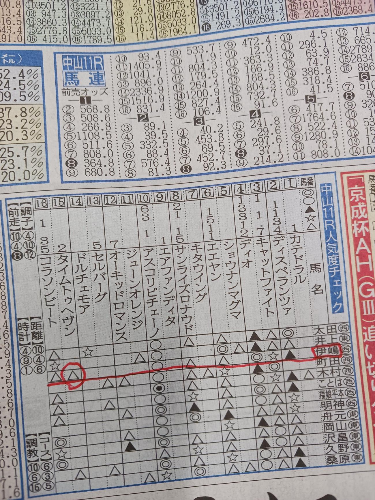 8日付・日刊スポーツ西日本紙面の京成杯AHの予想掲載小箱
