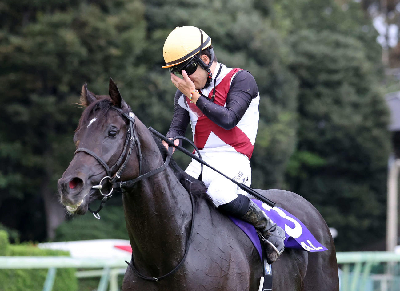 スプリンターSを制したルガルと涙ぐむ西村淳也騎手（撮影・鈴木正人）