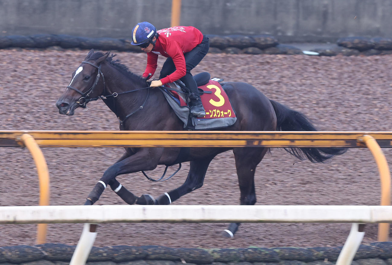 川田騎手を背にCウッドで追い切るクイーンズウォーク