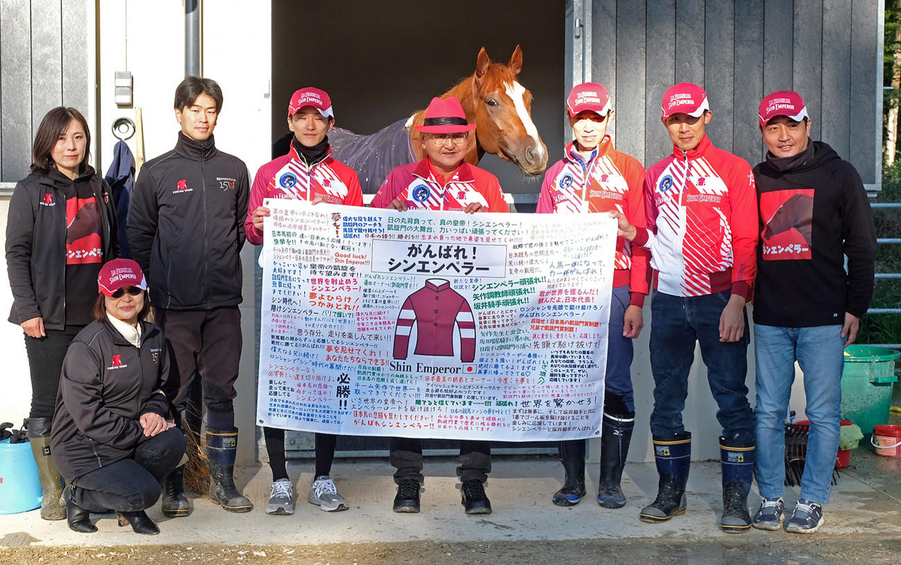日本からの応援フラッグを広げる矢作師（後列左から4人目）らとシンエンペラー（JRA提供）