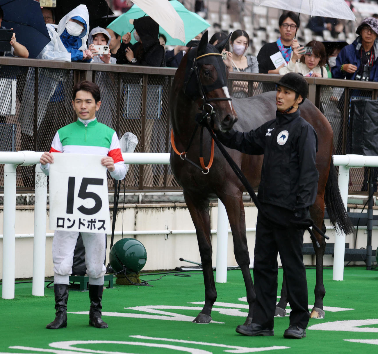 東京4R、新馬戦を制したロンドボスと口取りに並ぶ戸崎騎手（左）（撮影・柴田隆二）