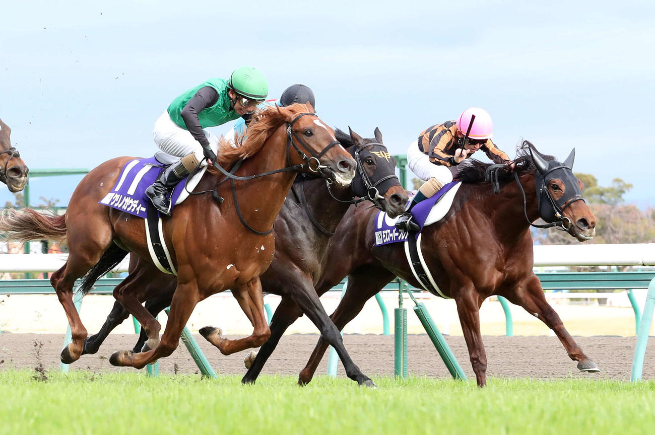 高松宮記念　1位入線したクリノガウディー（左）は4着に降着（2020年3月29日撮影）