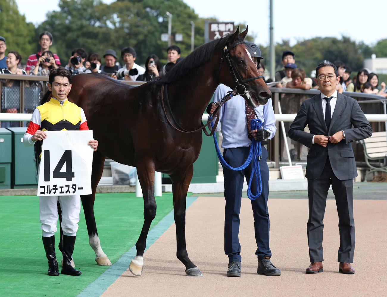 東京6R、2歳新馬戦を制したコルチェスターの口取りをする戸崎騎手（左）と尾関師（撮影・丹羽敏通）