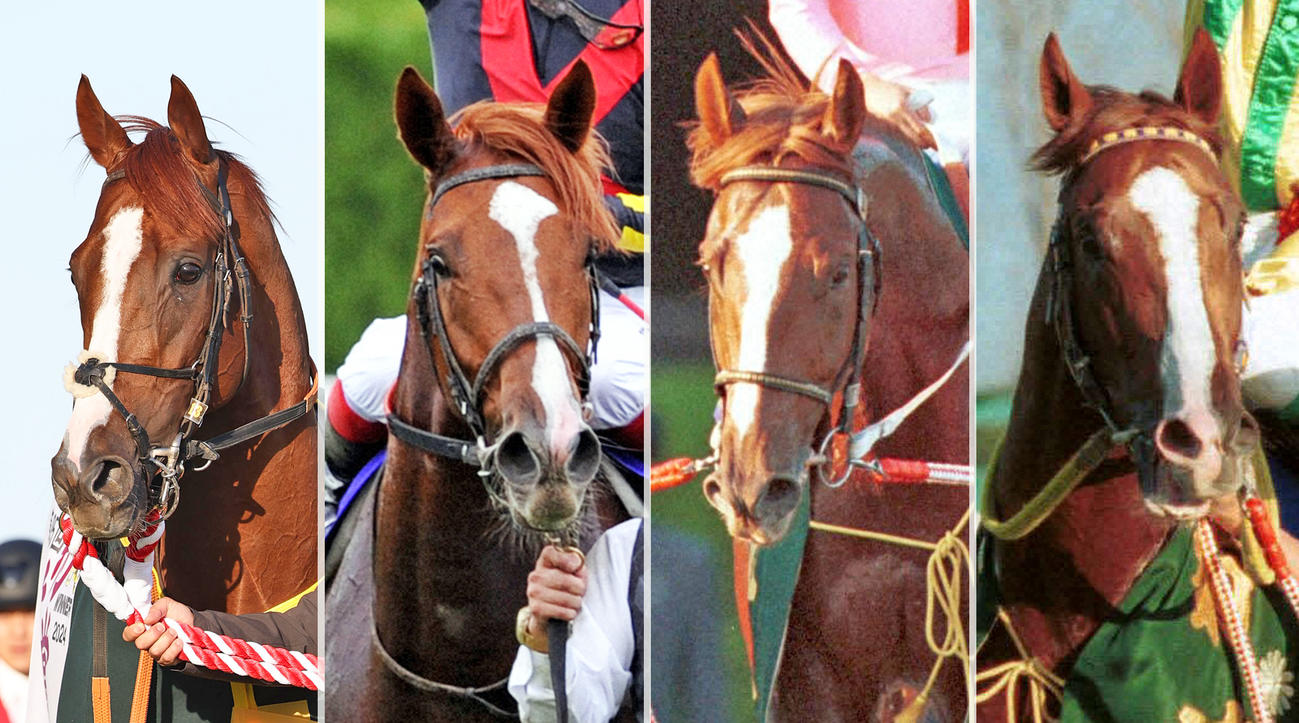 菊花賞を制した栗毛馬。左からアーバンシック、オルフェーヴル、ナリタトップロード、マヤノトップガン
