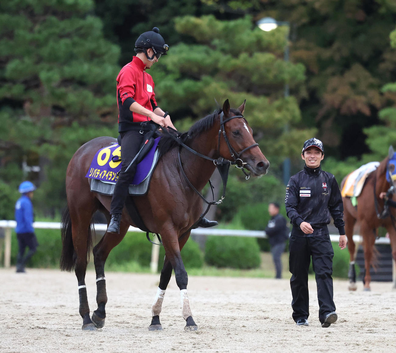 調教から引き揚げるリバティアイランドの様子を伺う川田騎手（右）（撮影・白石智彦）