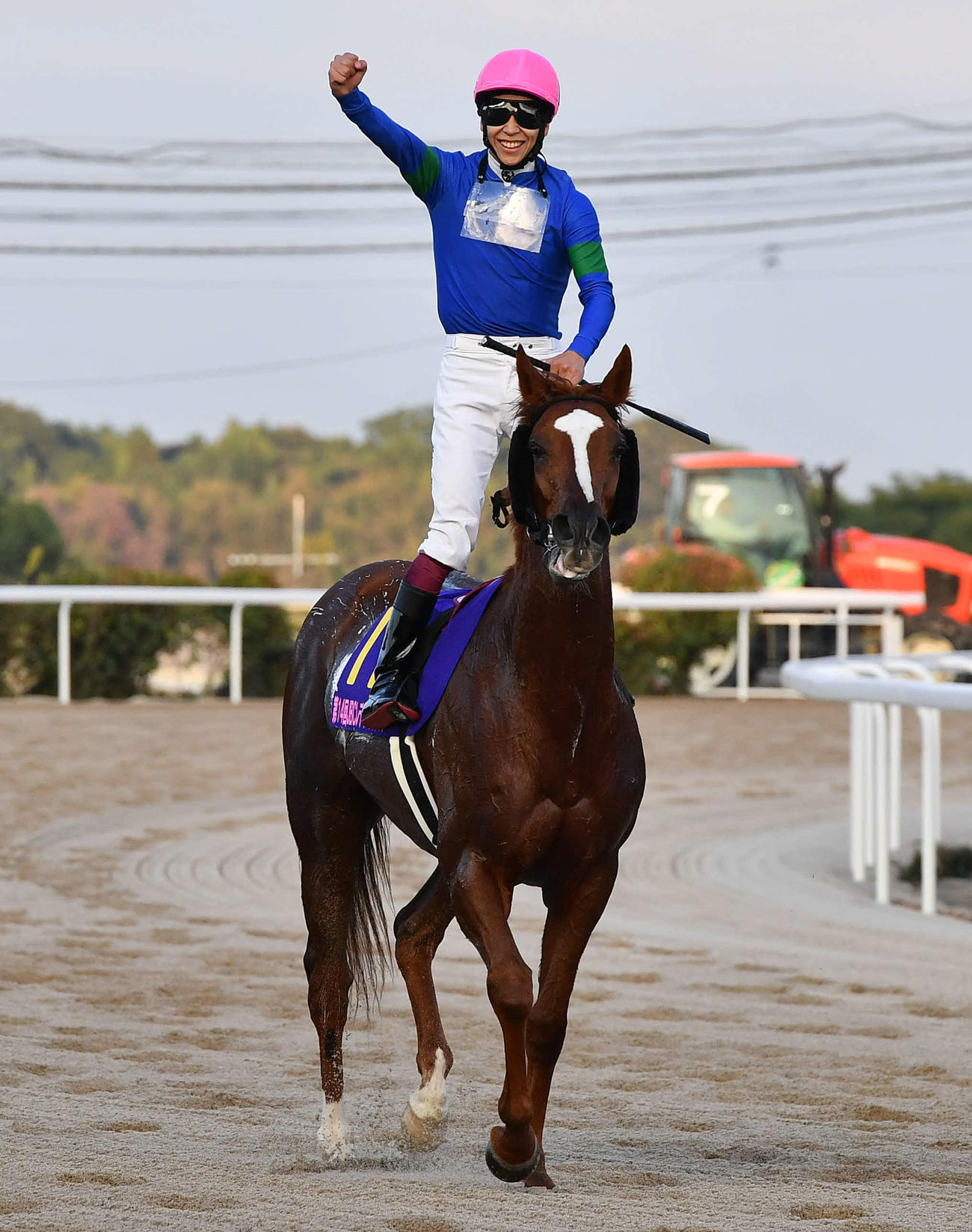 佐賀9R・JBCレディスクラシック　アンモシエラに騎乗して勝利し、ガッツポーズする横山武騎手（撮影・岩下翔太）