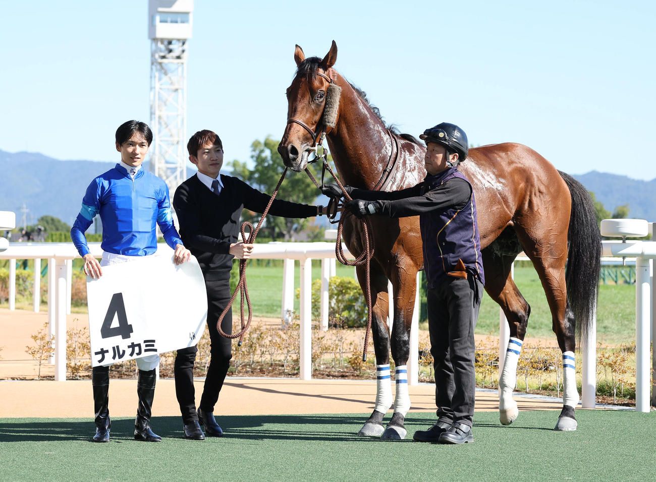 京都4R、新馬戦を快勝したナルカミと口取りに並ぶ坂井騎手（左）（撮影・白石智彦）