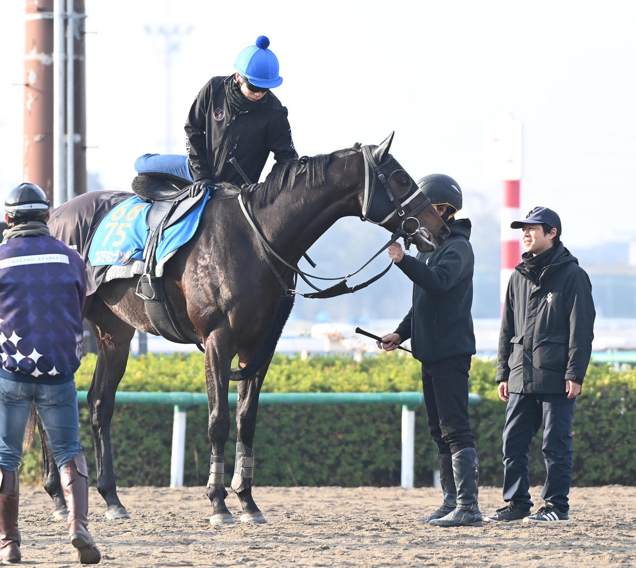 調教を終えた横山武騎手とコスモキュランダ。右端は加藤士調教師（撮影・柴田隆二）
