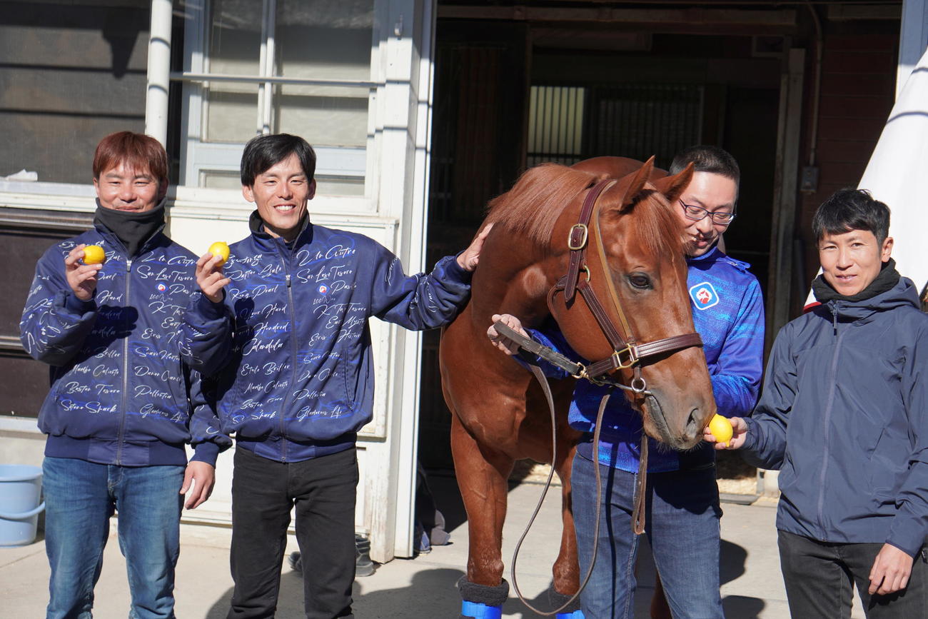 レモンポップの退厩前に記念撮影するスタッフ。左から穂苅助手、山崎助手、田端助手、田中博康調教師
