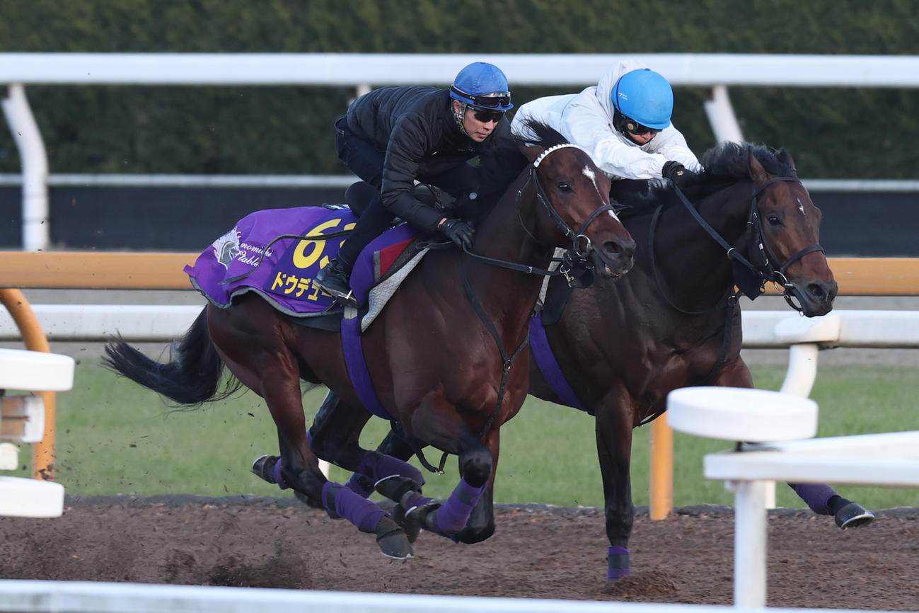 CWコースで1週前追い切りに臨んだドウデュース（左）