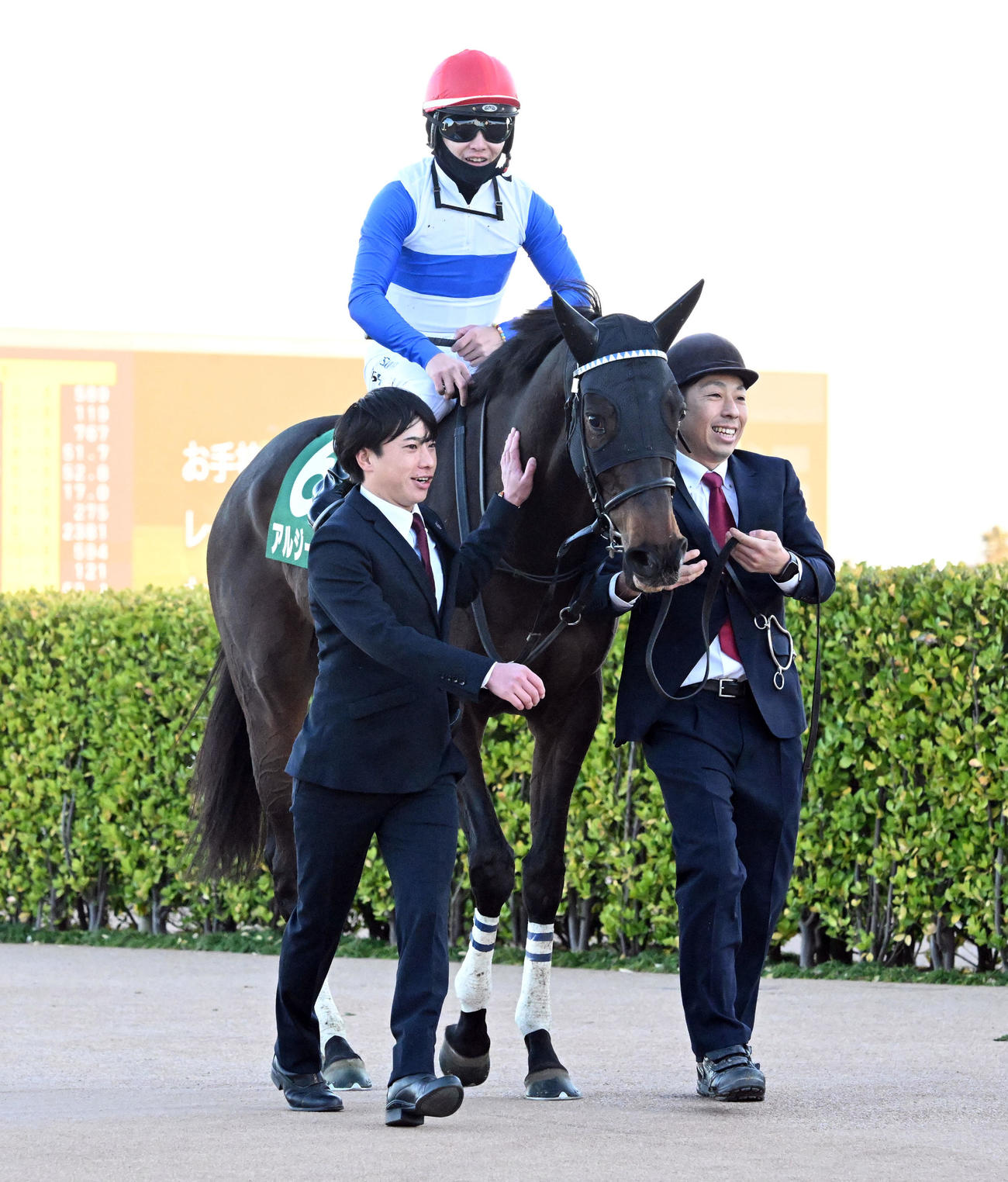 中山11R、ターコイズSを制したアルジーヌと西村騎手。左は中内田師（撮影・千葉一成）