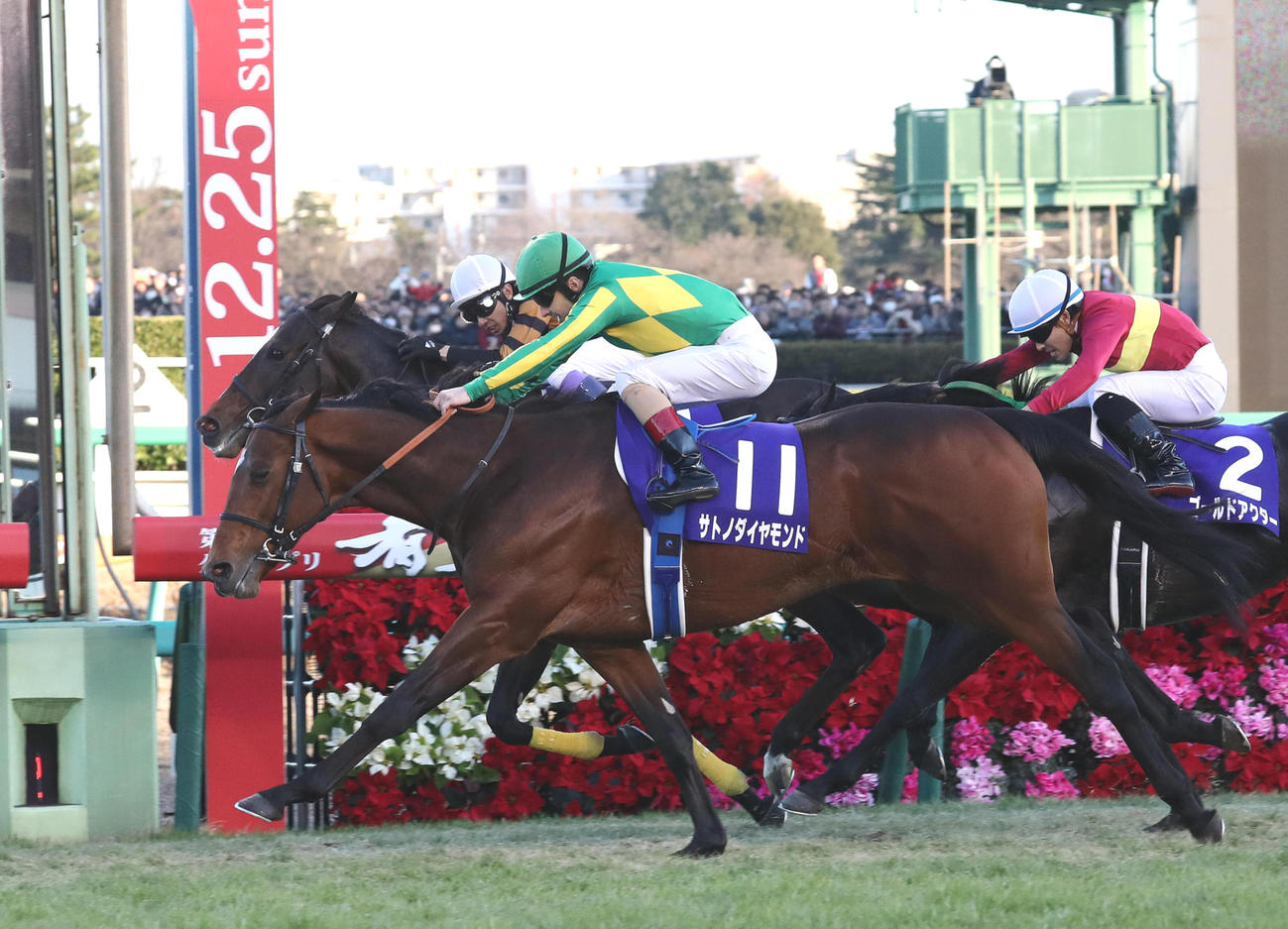16年有馬記念、ゴール前キタサンブラック（奥）をとらえクビ差で制したサトノダイヤモンド
