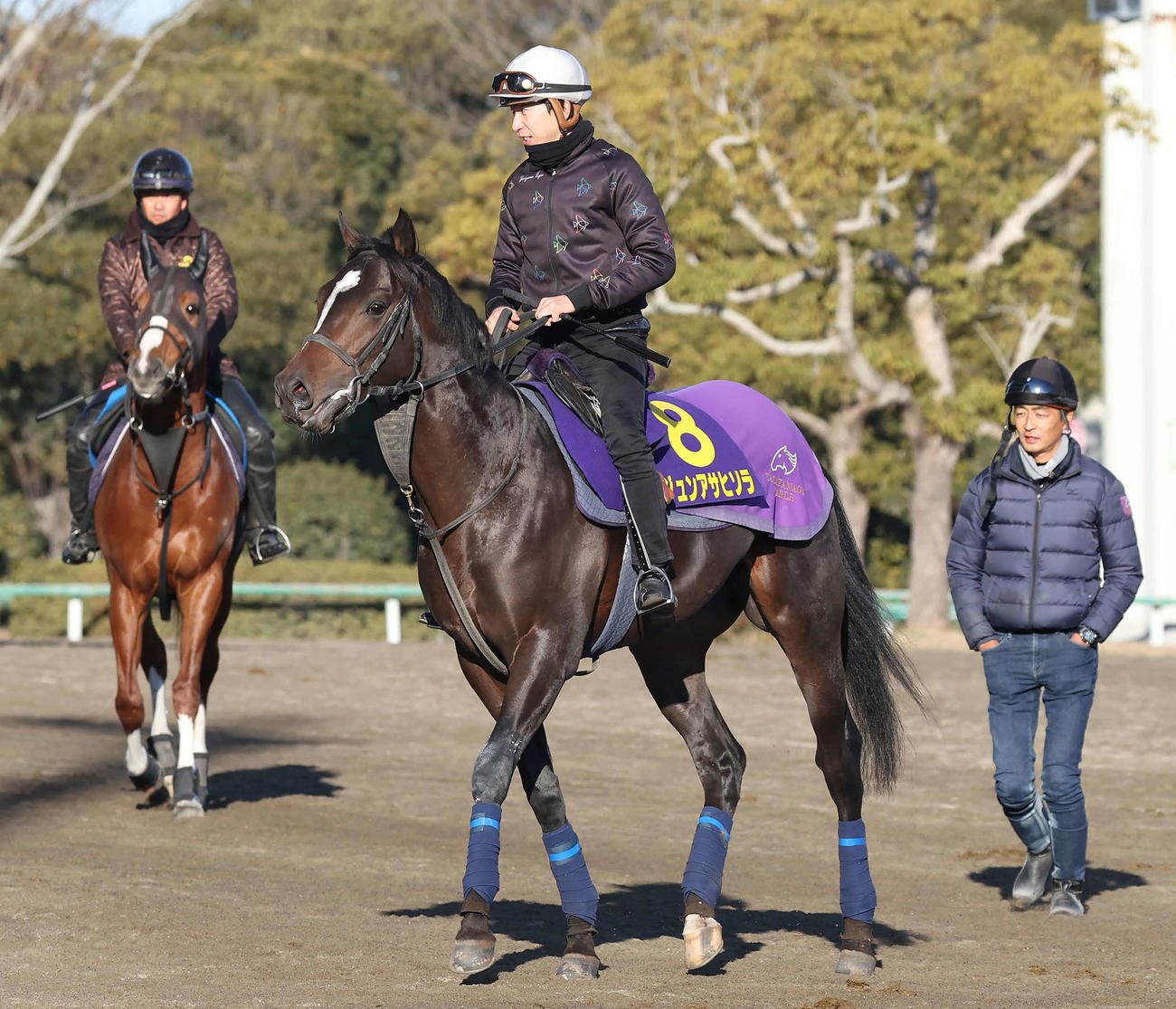 横山和騎手を背に馬場へ向かうジュンアサヒソラと高柳瑞師（撮影・丹羽敏通）