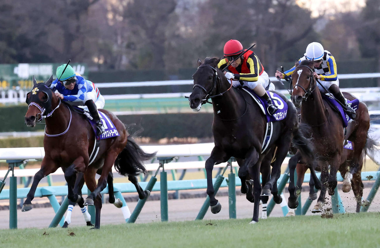 直線伸びてホープフルSを制したクロワデュノールと北村友騎手。左端は3着ファウストラーゼン