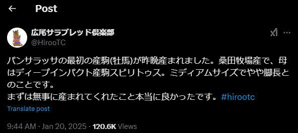パンサラッサの初年度産駒誕生を伝える広尾サラブレッド倶楽部のX