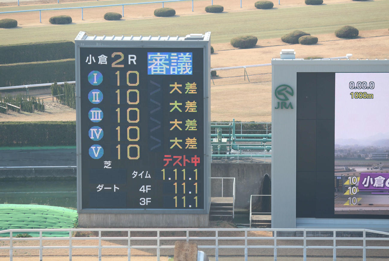 開催の準備が進む小倉競馬場。テスト中の電光掲示板