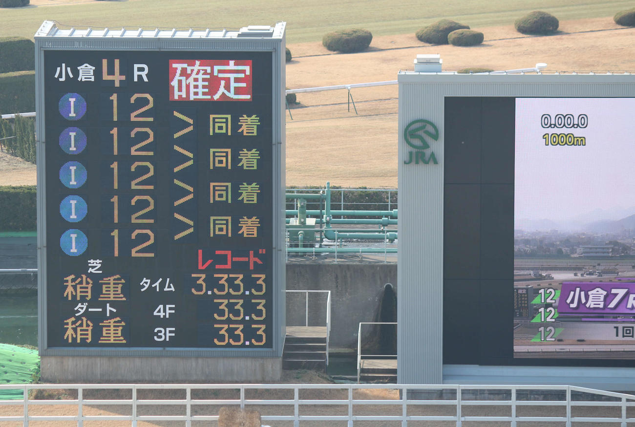 開催の準備が進む小倉競馬場。テスト中の電光掲示板