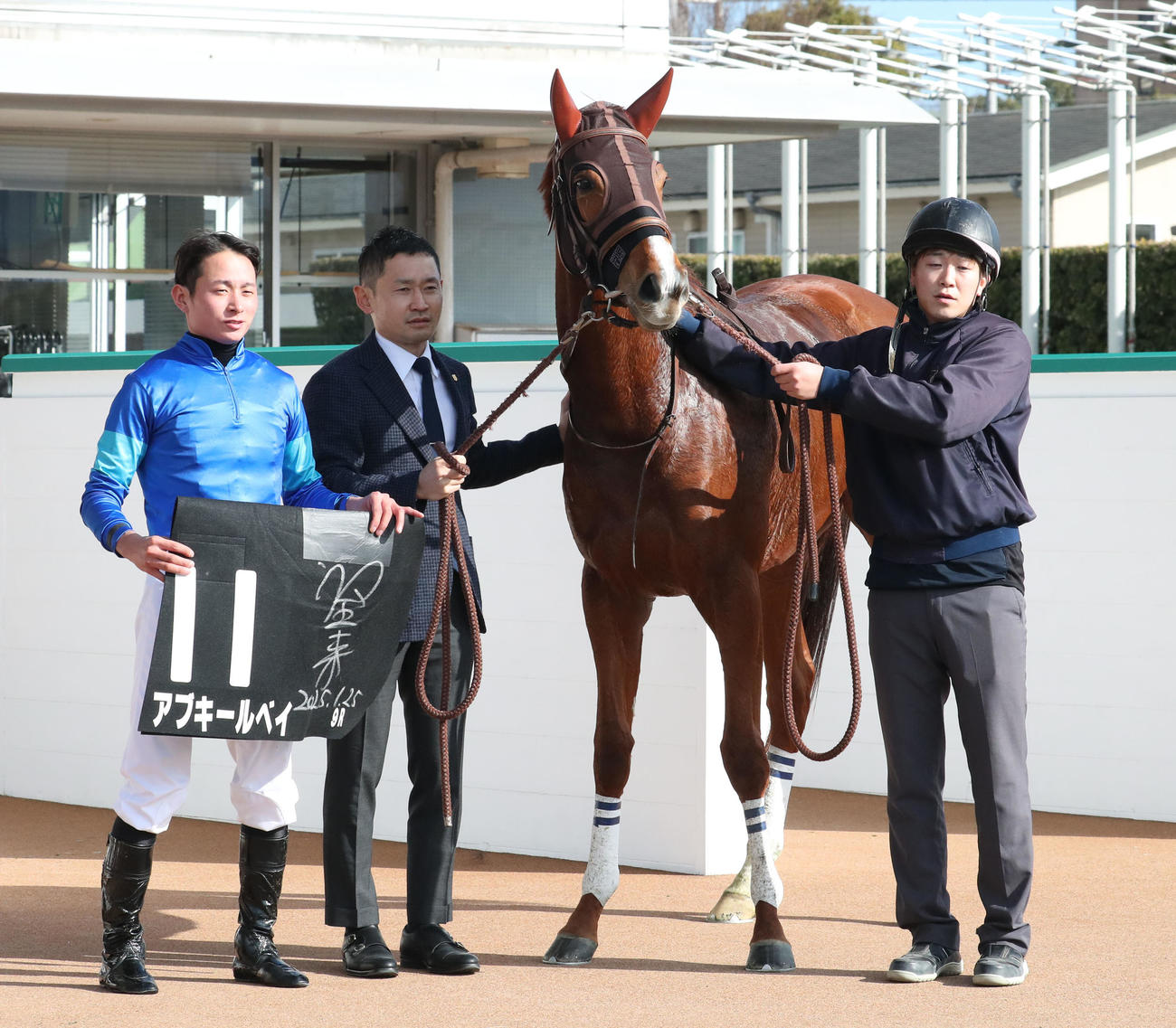萌黄賞　口取りするアブキールベイと岩田騎手（撮影・梅根麻紀）