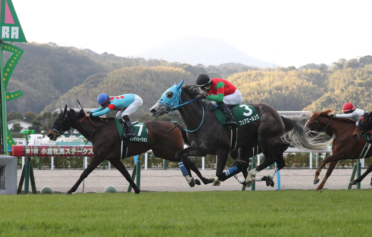 3番フェアエールングと丹内騎手、7番シンティレーションと杉原騎手は同着で小倉牝馬Sを制す