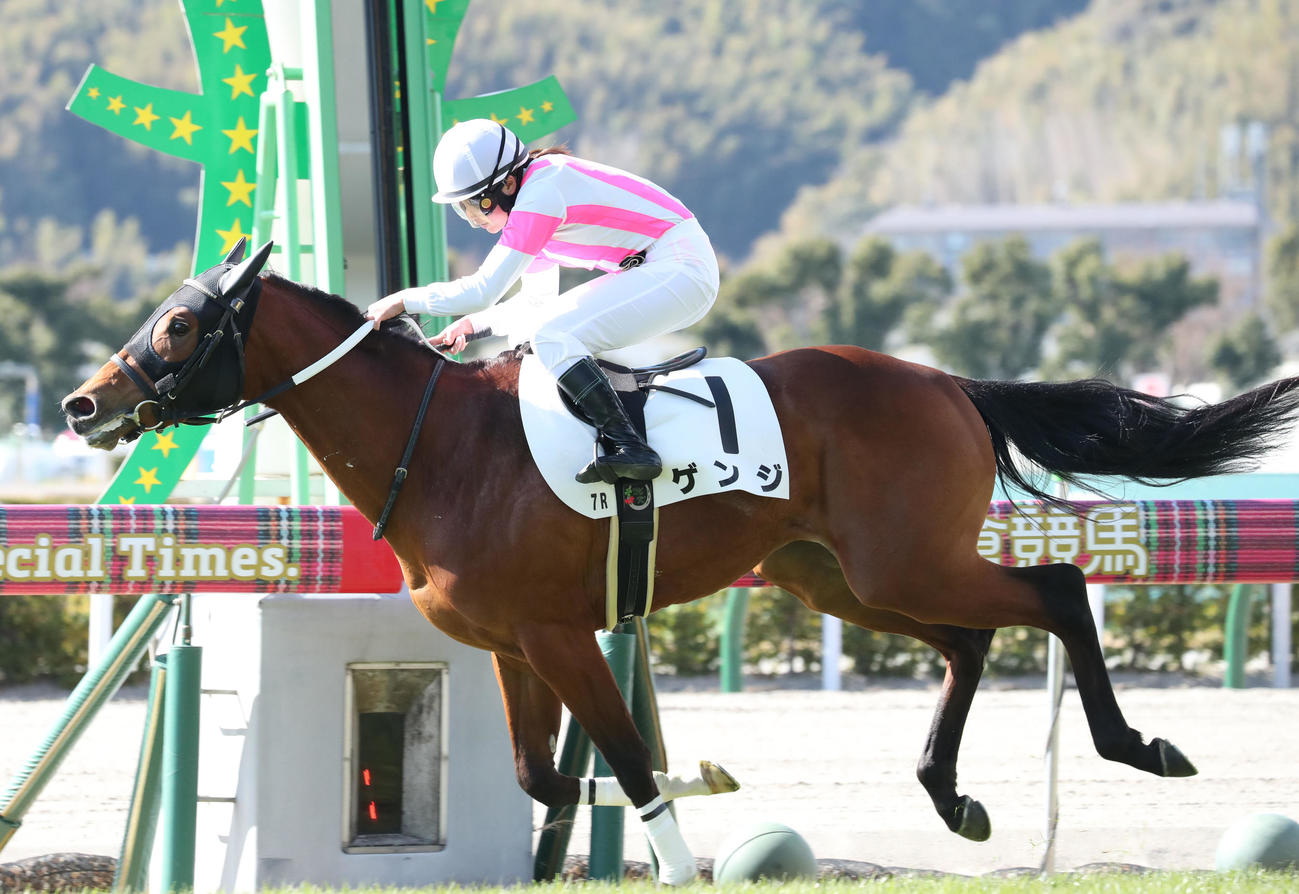小倉7Rを逃げ切ったゲンジと小林美駒騎手（撮影・梅根麻紀）
