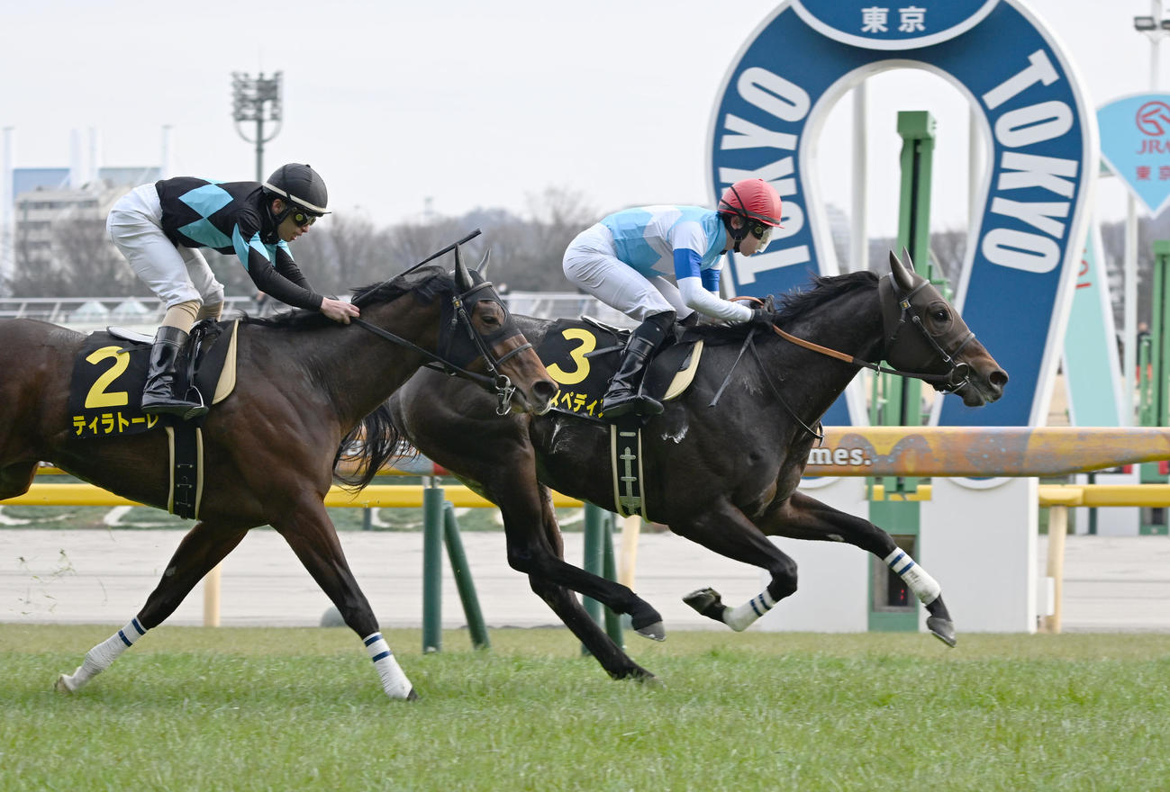 クロッカスSを制したクラスペディアと小崎騎手。左は2着のティラトーレ（撮影・千葉一成）