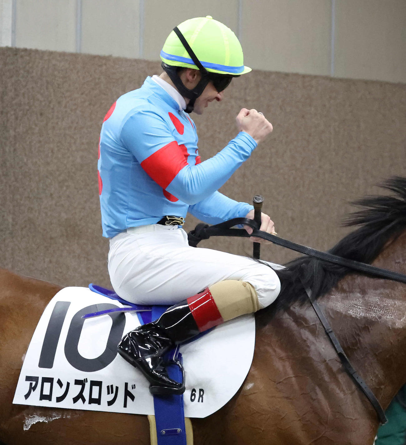 東京6R、3歳未勝利戦をアロンズロッドで制してガッツポーズを決めるルメール騎手（撮影・丹羽敏通）