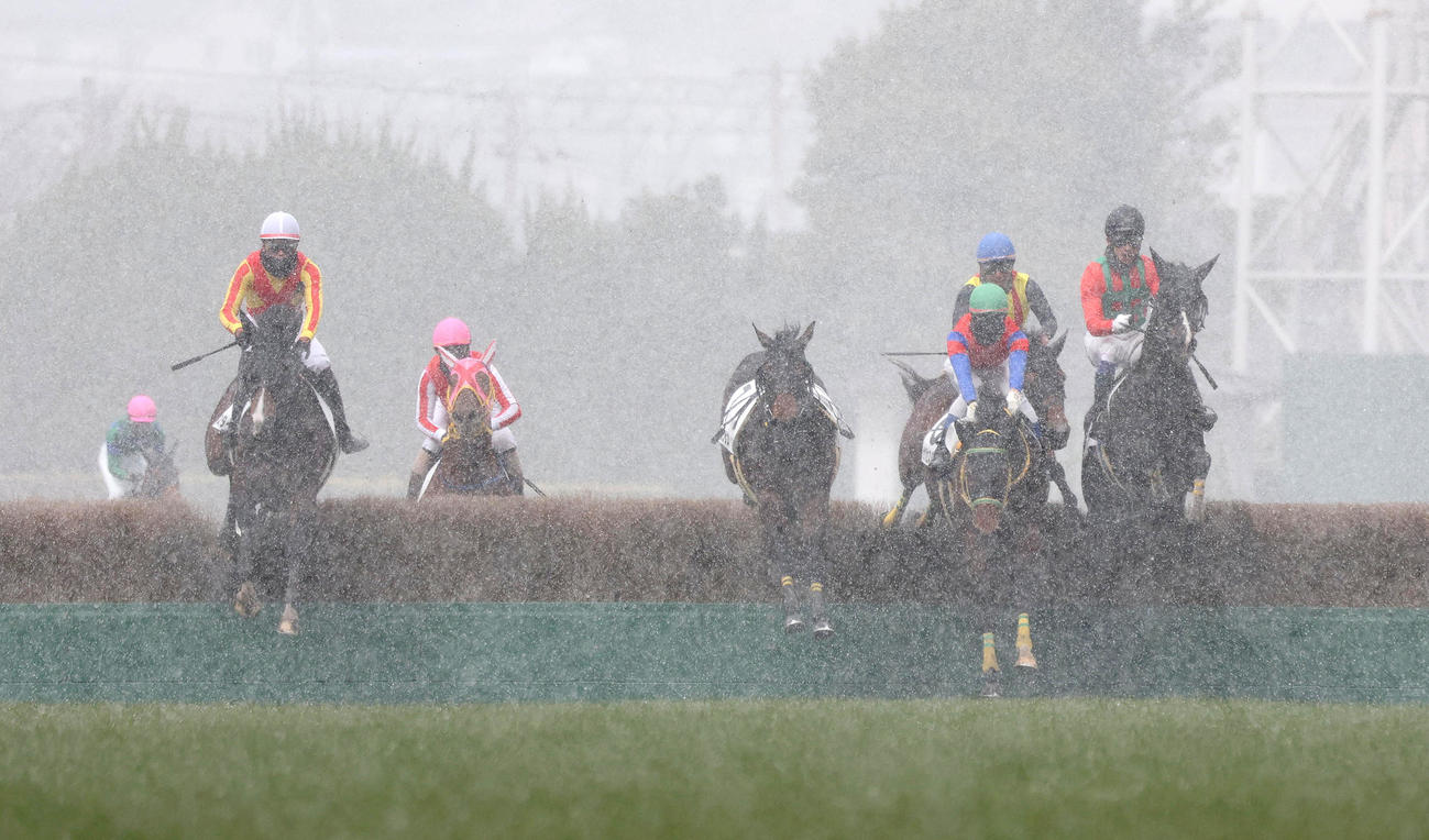 小倉5R、雪が舞う最終障害を飛越する障害4歳以上未勝利を制したウン（右）（撮影・白石智彦）