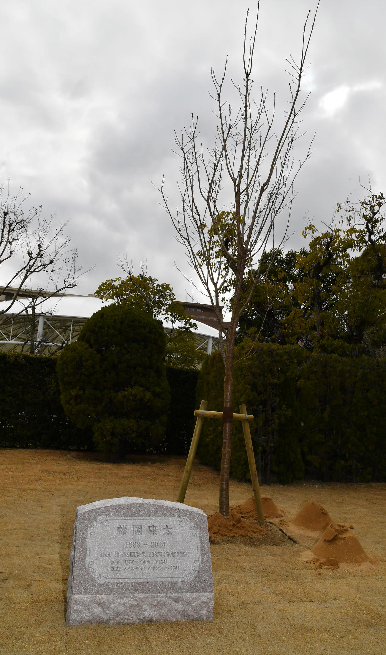 故・藤岡康太騎手追悼植樹式で設置された石碑（撮影・清水貴仁）