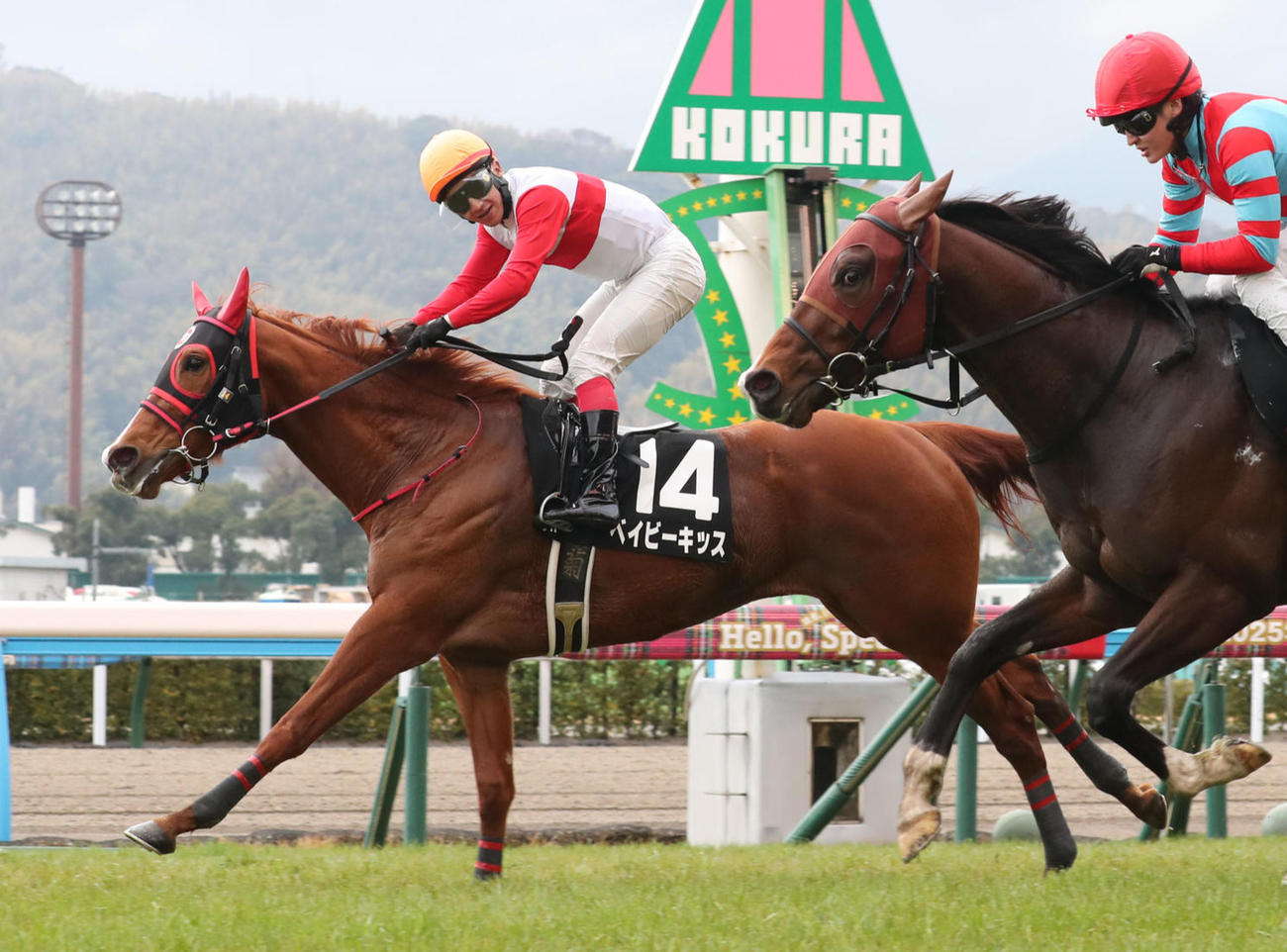 ベイビーキッス（左）と菊沢騎手は直線を逃げ切ってあざみ賞を制す（撮影・梅根麻紀）