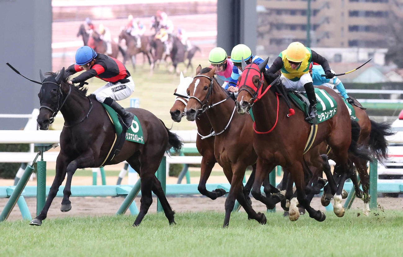 中山牝馬Sを制したシランケドとM・デムーロ騎手（右）。左は3着クリスマスパレード（撮影・丹羽敏通）