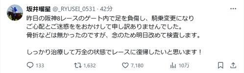 左足負傷の坂井瑠星騎手 「明日改めて検査」「競馬は見るものじゃなく