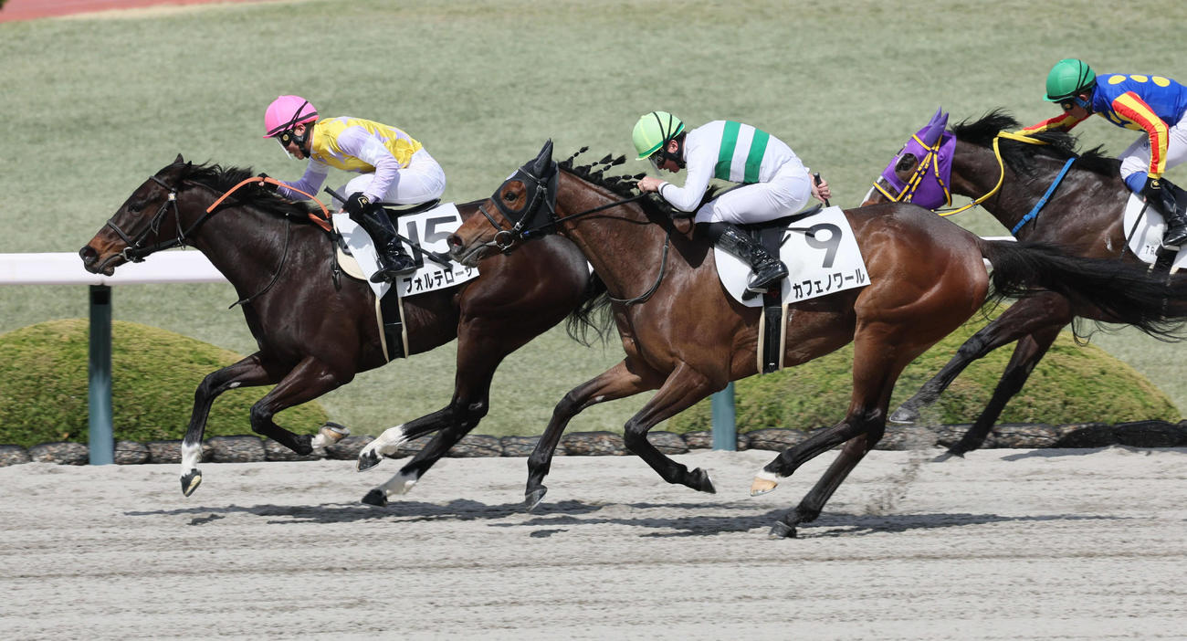 阪神7Rをフォルテローザで制し初勝利を挙げた森田騎手（左）。右は2着のカフェノワール（撮影・宮崎幸一）