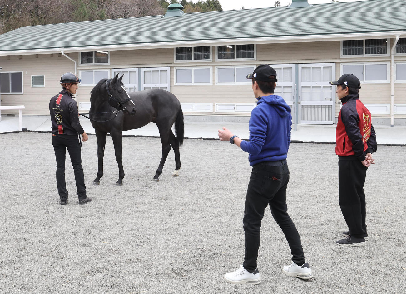 コントレイル産駒のガリレオズソングの23の様子を見る福永師（右）（撮影・白石智彦）