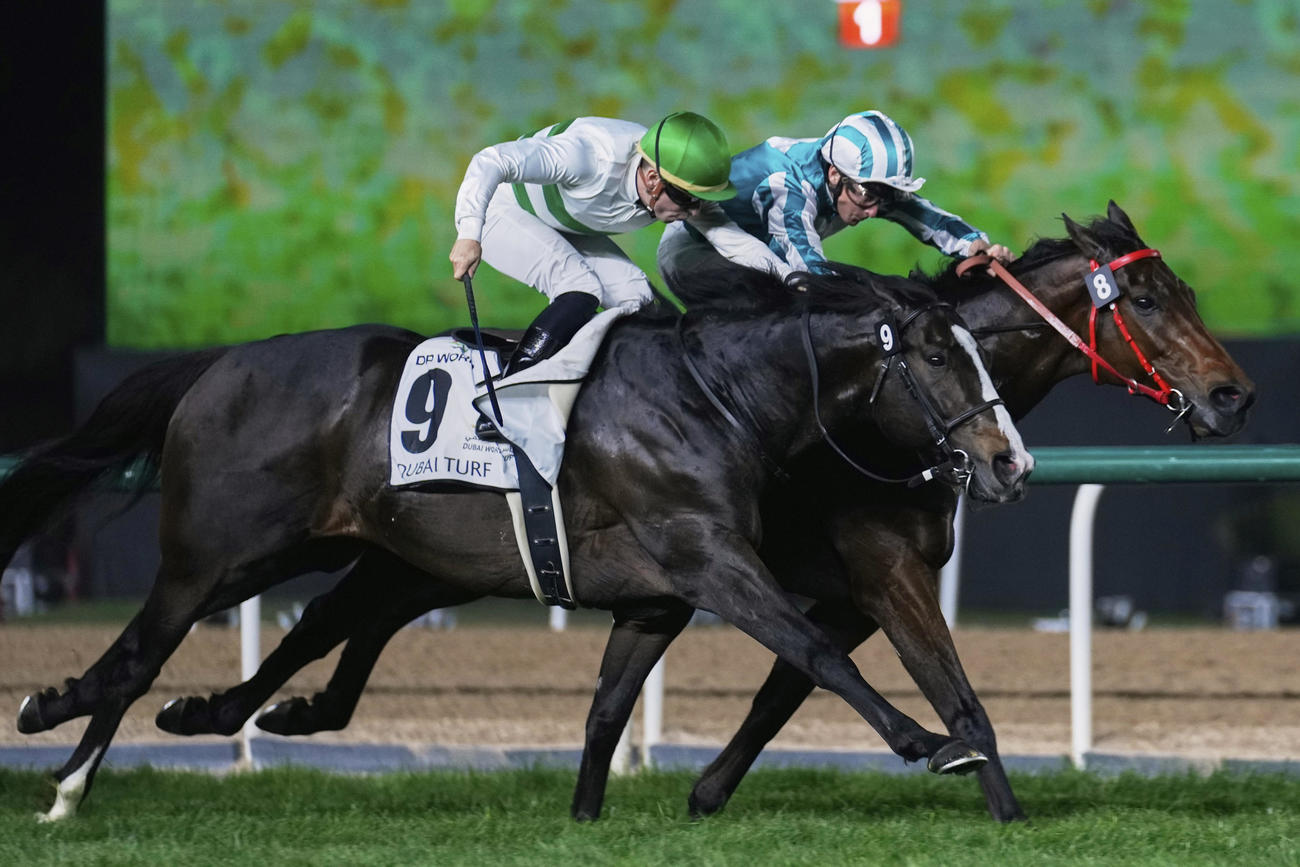 ソウルラッシュ（左）がロマンチックウォリアーとの大接戦を制してドバイターフ優勝（AP）