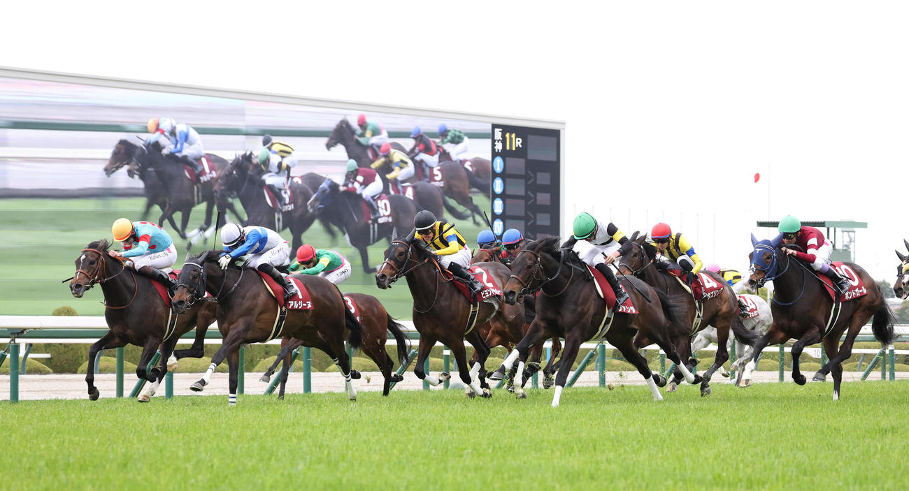 阪神牝馬S、直線大外から伸びるも5着のボンドガール（右）。左は勝ったサフィラ