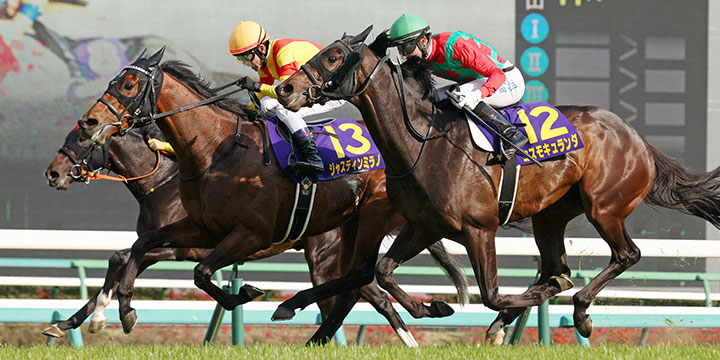 皐月賞を制したジャスティンミラノ（中央）、2着コスモキュランダ（右）、3着ジャンタルマンタル（奥）（撮影・柴田隆二）＝2024年4月14日、中山競馬場