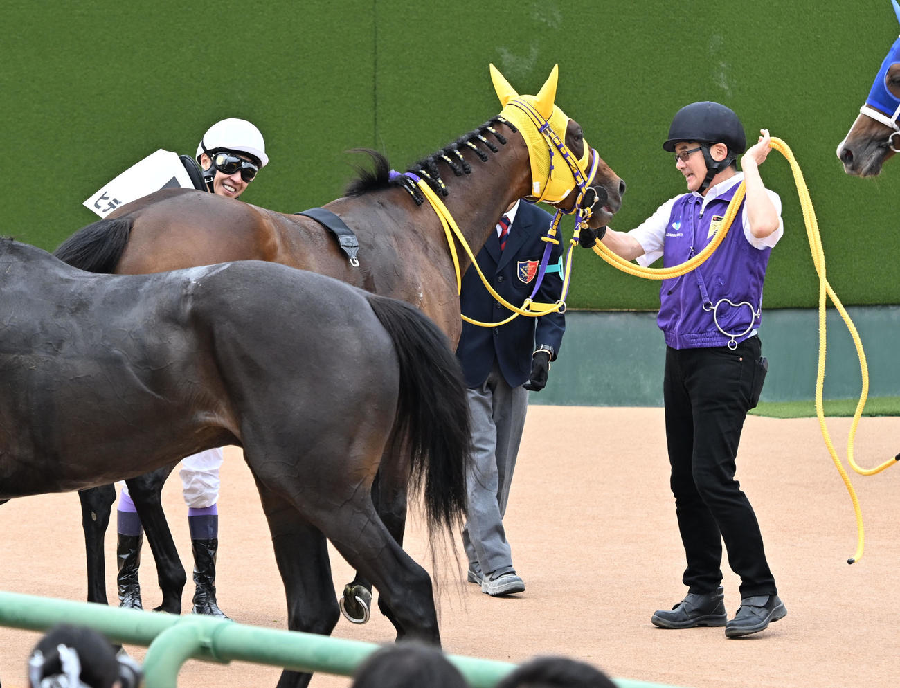 中山5R、3歳未1勝クラスを終えた、ヒデノブルースカイと武騎手を迎える田中一征厩務員（右）（撮影・千葉一成）