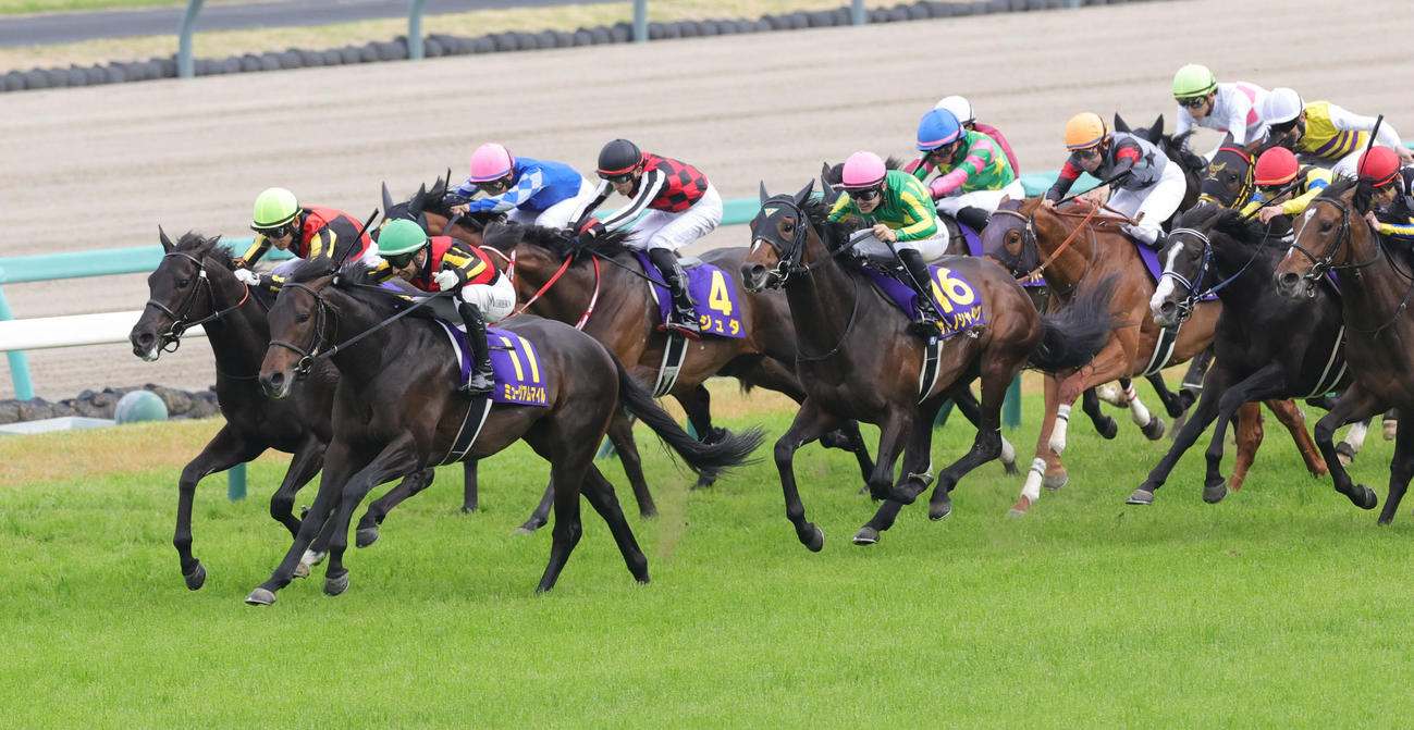 皐月賞を制したJモレイラ騎乗のミュージアムマイル。左端は2着の北村友一騎乗のクロワデュノール（撮影・野上伸悟）