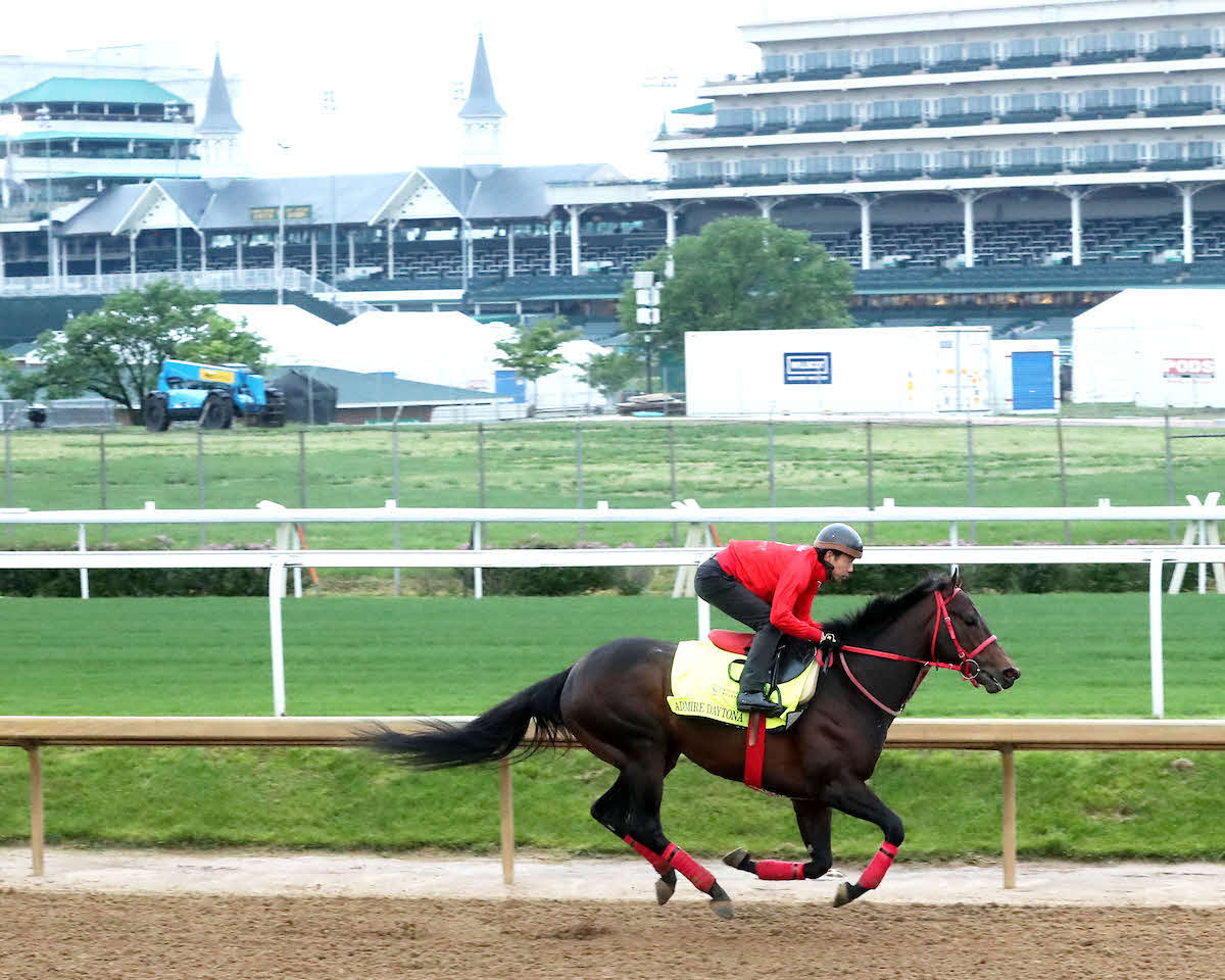 チャーチルダウンズ競馬場で調整するアドマイヤデイトナと宮下助手（C）Churchill Downs／Coady Media
