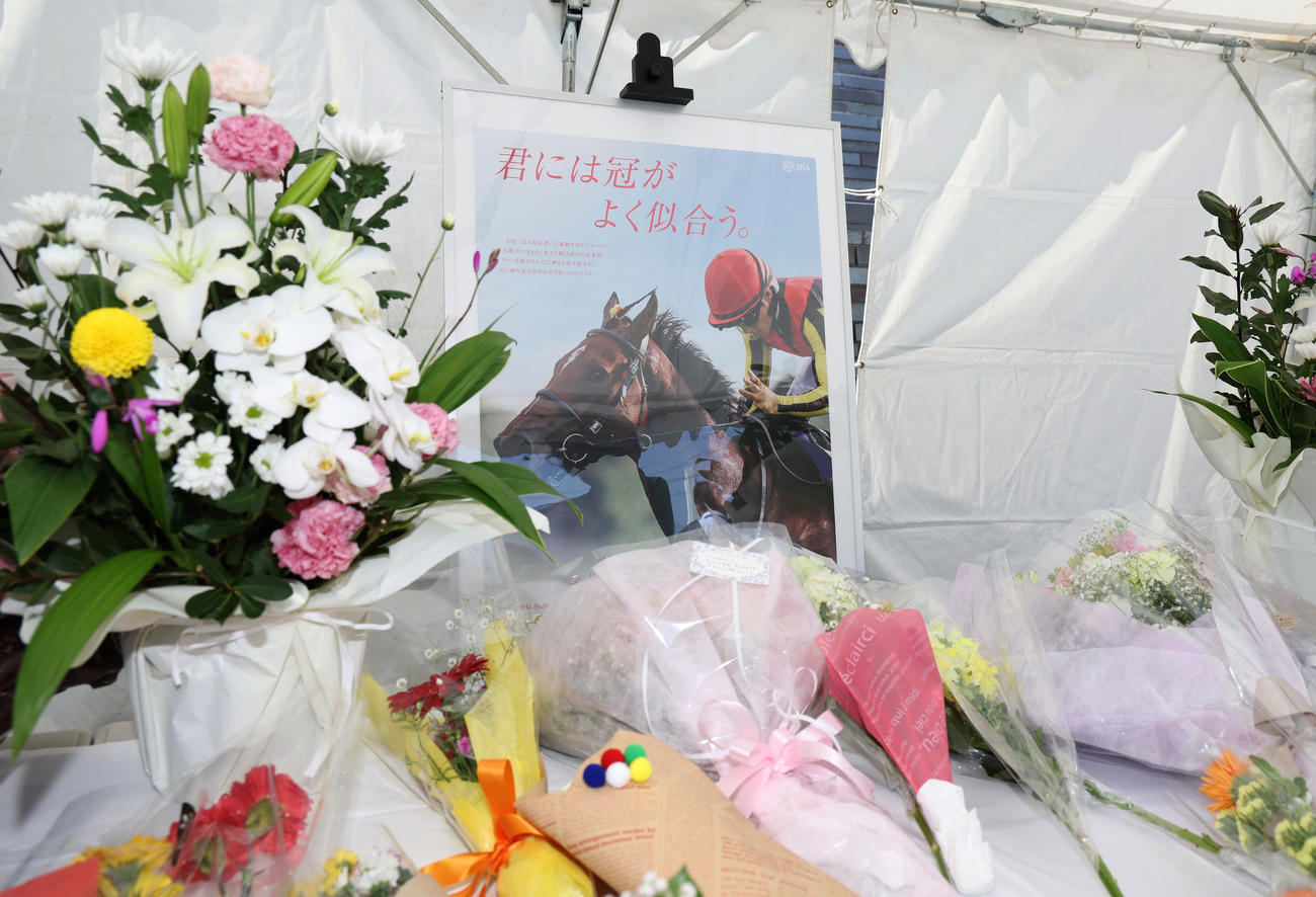 ファンからの花が手向けられたリバティアイランドの献花台（撮影・白石智彦）